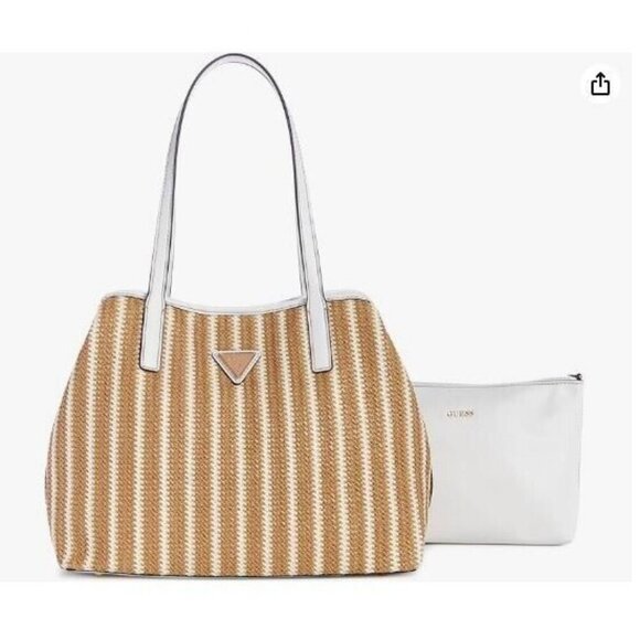 GUESS Vikky raffia faux-leather women's tote bag purse + cosmetic pouch 2 PIECE - Picture 1 of 11